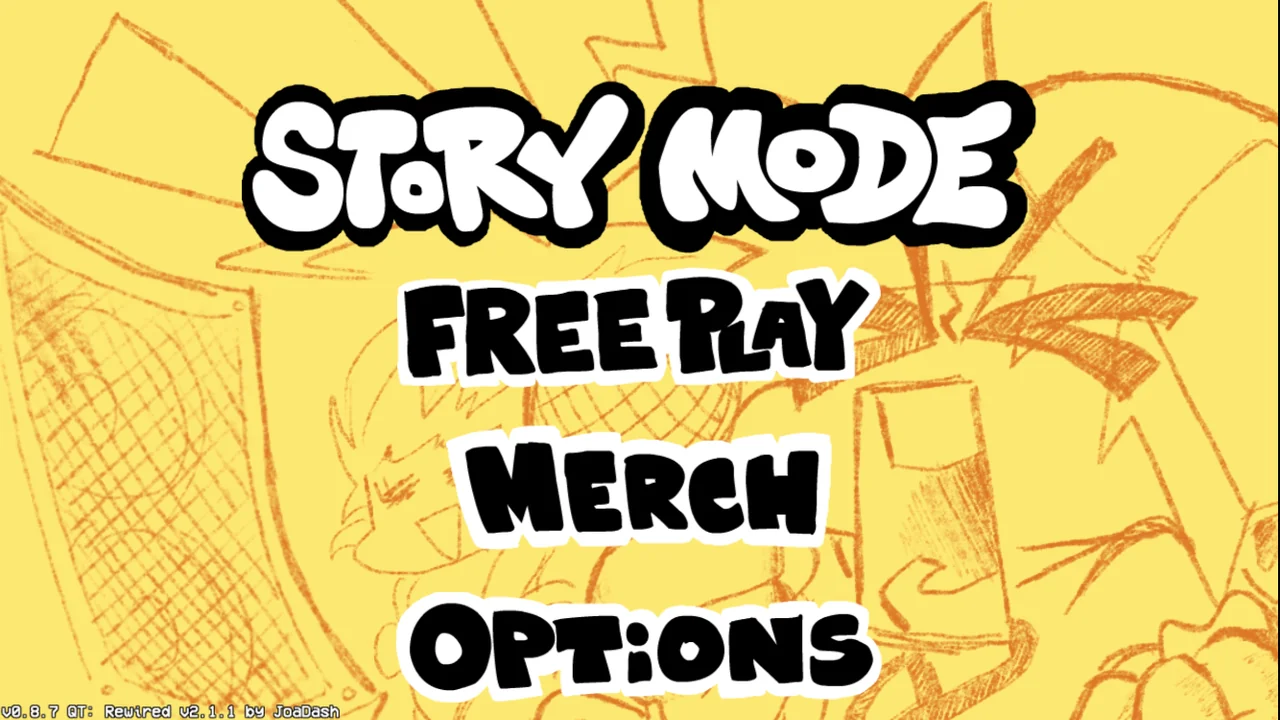 QT Rewired yellow main menu with Story Mode selected above Freeplay, Merch and Options